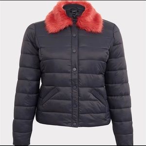 Torrid 2X (18-20) Coat Puffer Jacket Gray Coral Removable Faux Fur Collar Plus